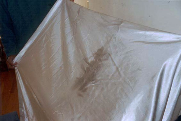 Soot like stains on the bedsheet. It was not possible for the soot to have physically reached there because the bedsheet was covered by a quilt